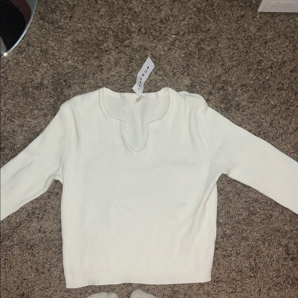 White Ribbed Long Sleeve Sweater Top